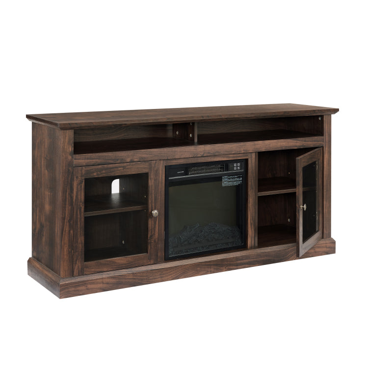 Contemporary Tv Media Stand Modern Entertainment Console With 18" Fireplace Insert For Tv Up To 65" With Open And Closed Storage Space, Brown, 60"W*15.75"D*29"H