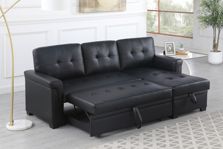 Lucca 84"W Black Vegan Leather Modern Reversible Sleeper Sectional Sofa With Storage Chaise