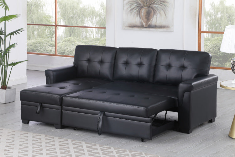 Lucca 84"W Black Vegan Leather Modern Reversible Sleeper Sectional Sofa With Storage Chaise