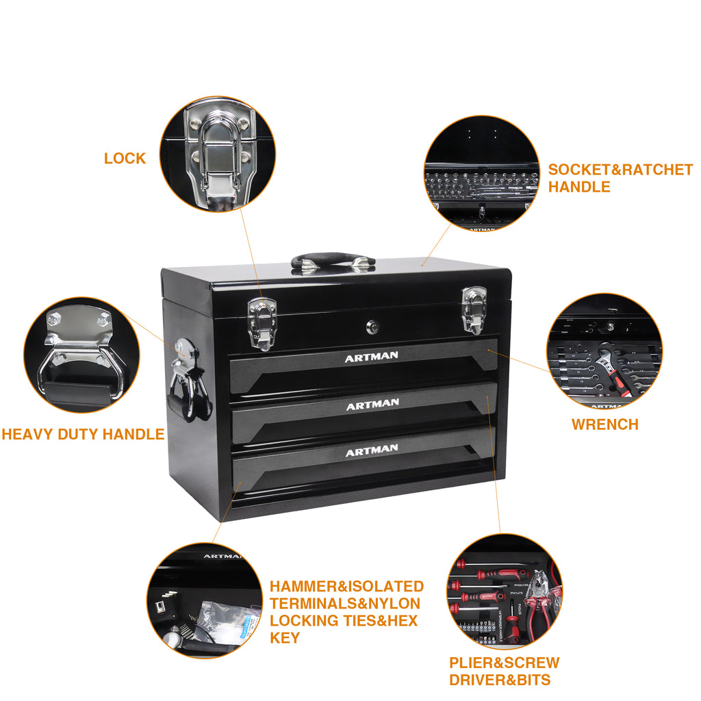 20'' Portable 3 Drawer Steel Toolbox, 4 Layers Of Tools With Metal Latches, With Top Storage Tray And Carrying Handle, Multi Function Tool Storage For Garage, Home, Or Workbench,Black