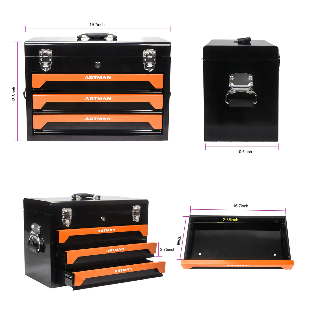 20'' Portable 3 Drawer Steel Toolbox, 4 Layers Of Tools With Metal Latches, With Top Storage Tray And Carrying Handle, Multi Function Tool Storage For Garage, Home, Or Workbench ,Black&Orange