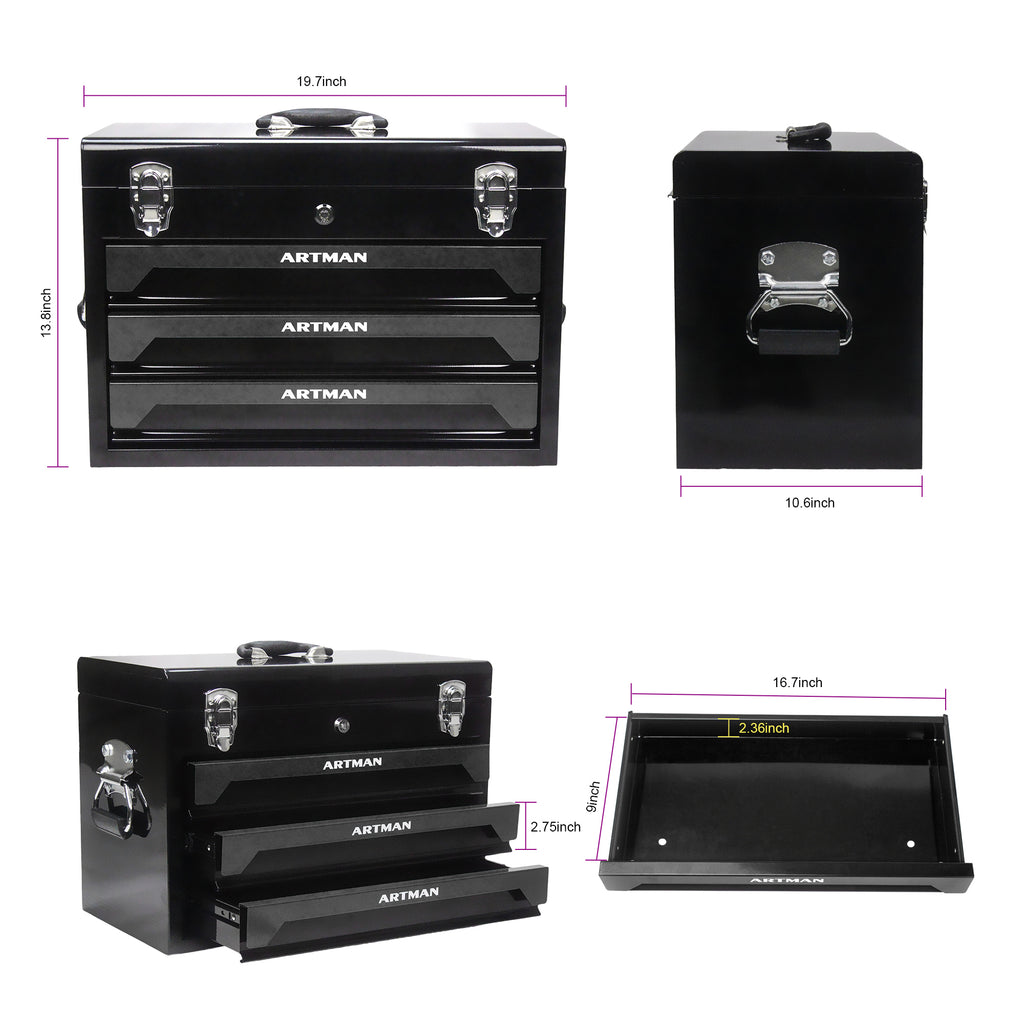 20'' Portable 3 Drawer Steel Toolbox, 4 Layers Of Tools With Metal Latches, With Top Storage Tray And Carrying Handle, Multi Function Tool Storage For Garage, Home, Or Workbench,Black