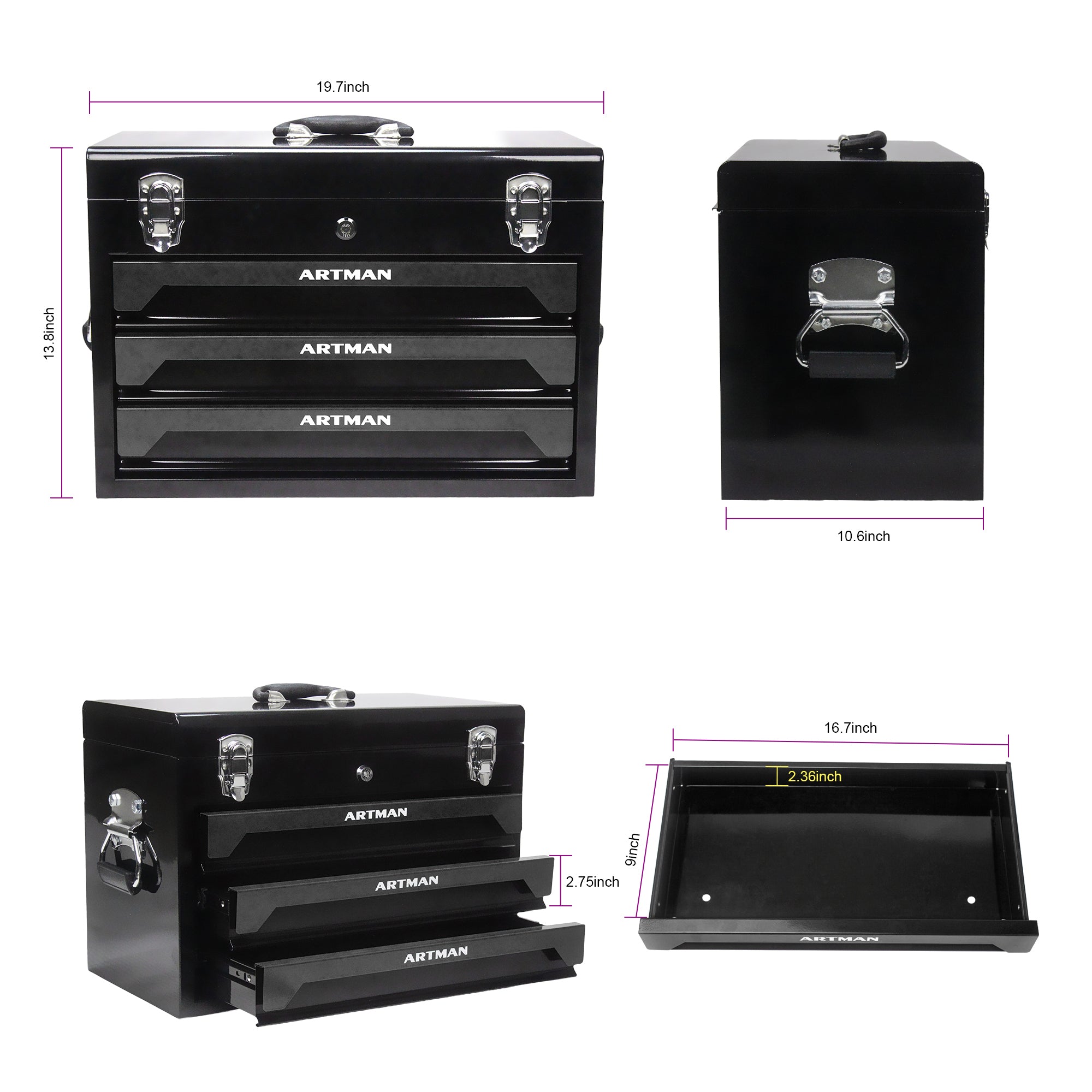 20'' Portable 3 Drawer Steel Toolbox, 4 Layers Of Tools With Metal Latches, With Top Storage Tray And Carrying Handle, Multi Function Tool Storage For Garage, Home, Or Workbench,Black