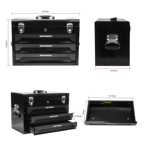 20'' Portable 3 Drawer Steel Toolbox, 4 Layers Of Tools With Metal Latches, With Top Storage Tray And Carrying Handle, Multi Function Tool Storage For Garage, Home, Or Workbench,Black