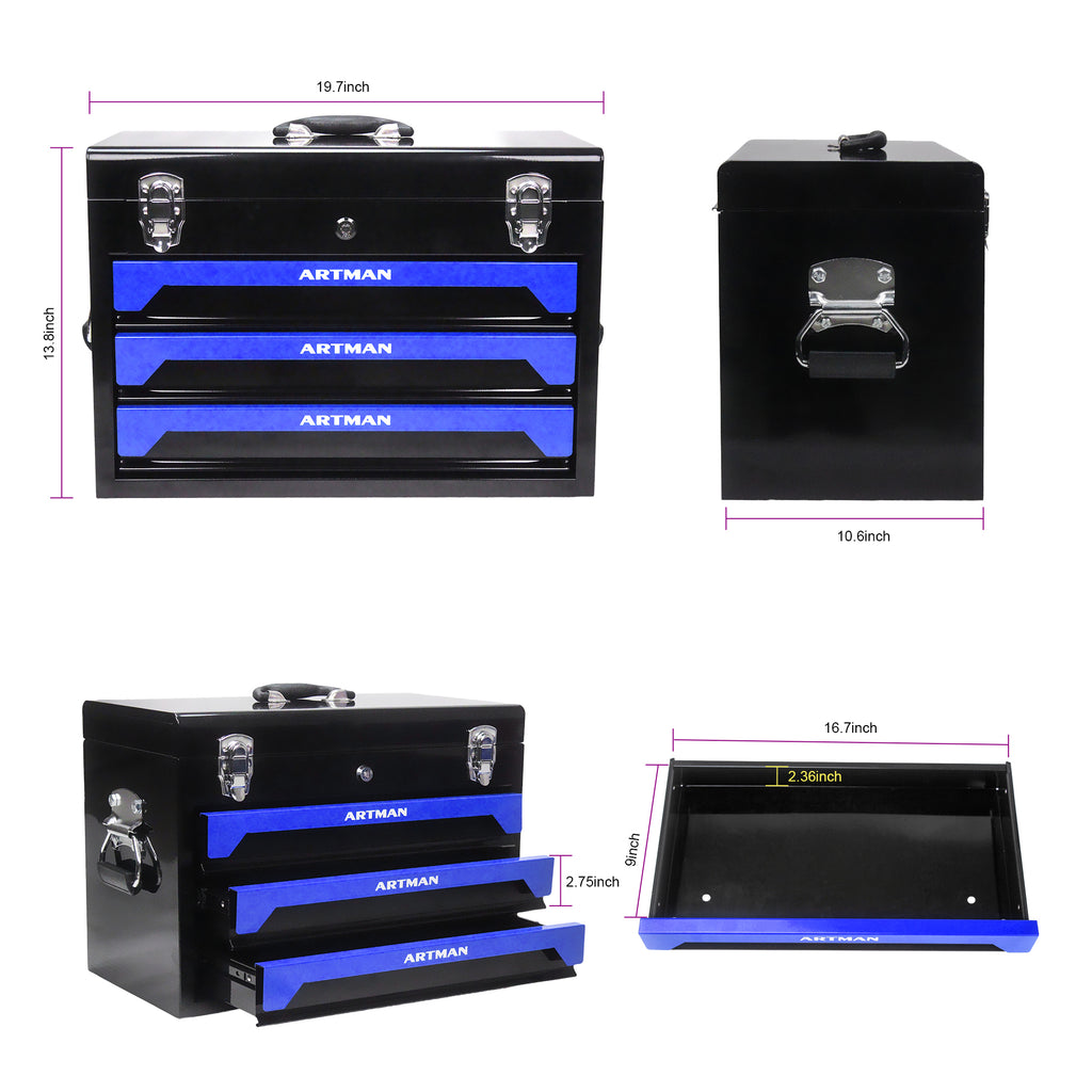 20'' Portable 3 Drawer Steel Toolbox, 4 Layers Of Tools With Metal Latches, With Top Storage Tray And Carrying Handle, Multi Function Tool Storage For Garage, Home, Or Workbench ,Black&Blue