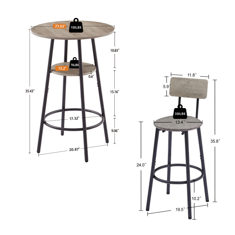 Round Bar Stool Set With Shelf, Upholstered Stool With Backrest Grey, 23.62'' W X 23.62'' D X 35.43'' H