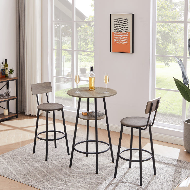 Round Bar Stool Set With Shelf, Upholstered Stool With Backrest Grey, 23.62'' W X 23.62'' D X 35.43'' H