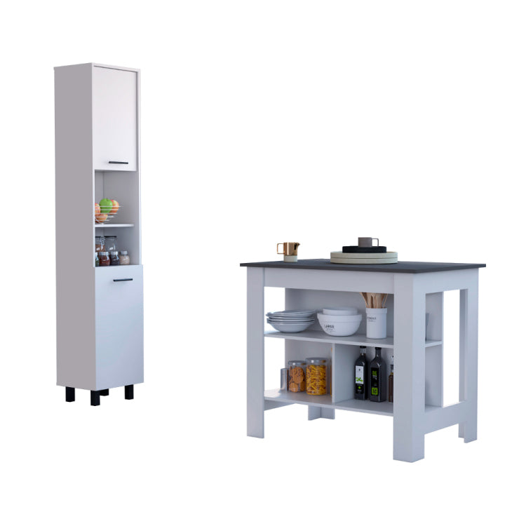 Marston 2 Piece Kitchen Set, Kitchen Island And Pantry Cabinet, White And Onyx