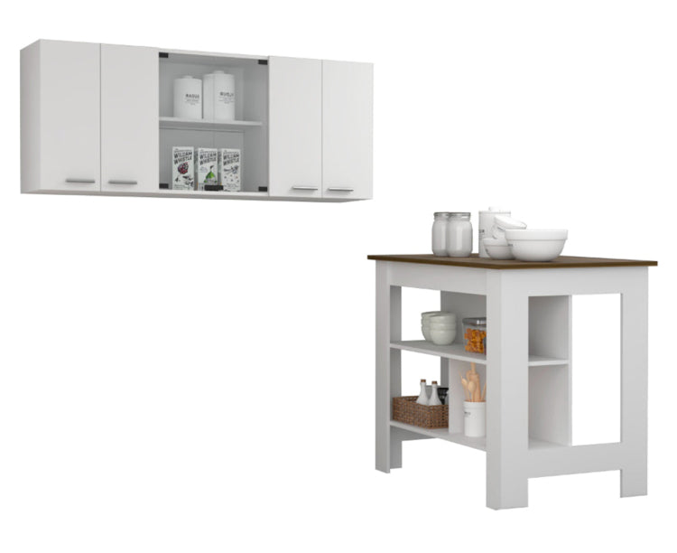Briargate 2 Piece Kitchen Set, Kitchen Island And Wall Cabinet, White And Walnut