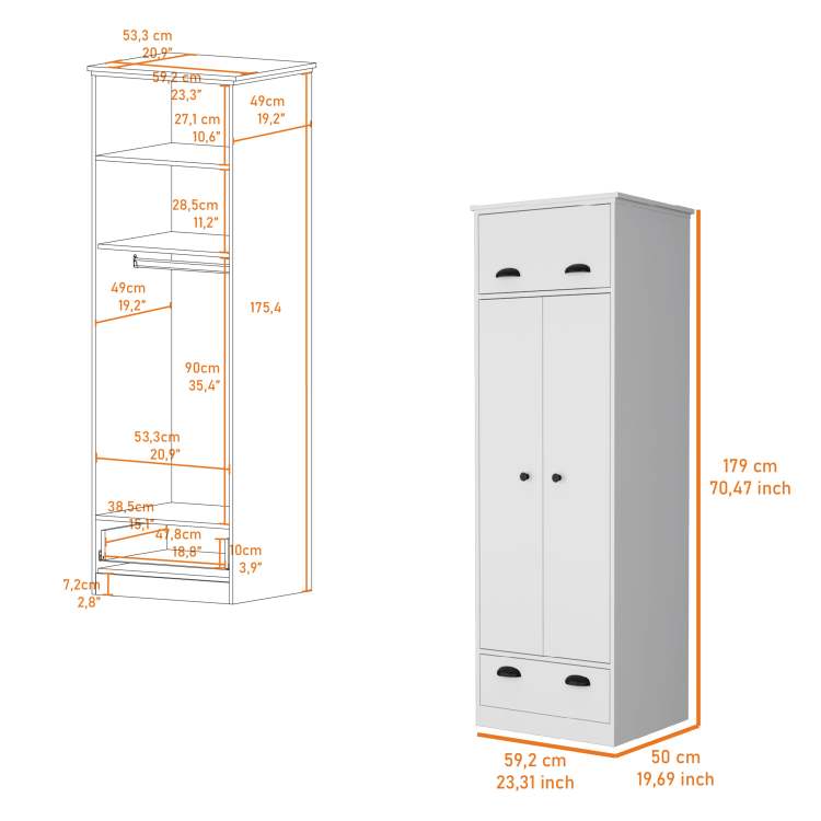 White Double Door And 1 Drawer Armoire