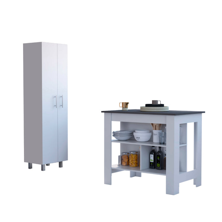 White And Onyx 2 Piece Kitchen Set, Kitchen Island And Pantry Cabinet