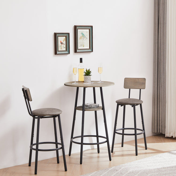 Round Bar Stool Set With Shelf, Upholstered Stool With Backrest Grey, 23.62'' W X 23.62'' D X 35.43'' H