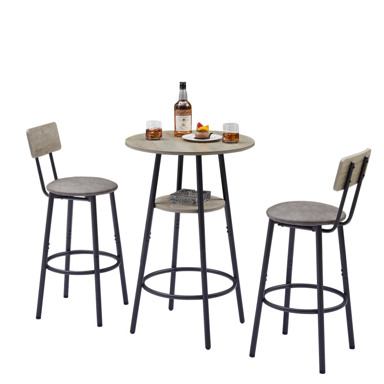 Round Bar Stool Set With Shelf, Upholstered Stool With Backrest Grey, 23.62'' W X 23.62'' D X 35.43'' H