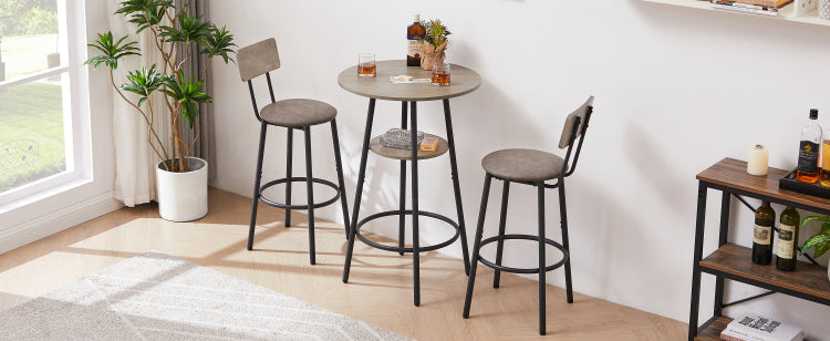 Round Bar Stool Set With Shelf, Upholstered Stool With Backrest Grey, 23.62'' W X 23.62'' D X 35.43'' H