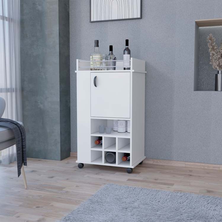 Allandale 1 Door Bar Cart With Wine Rack And Casters White