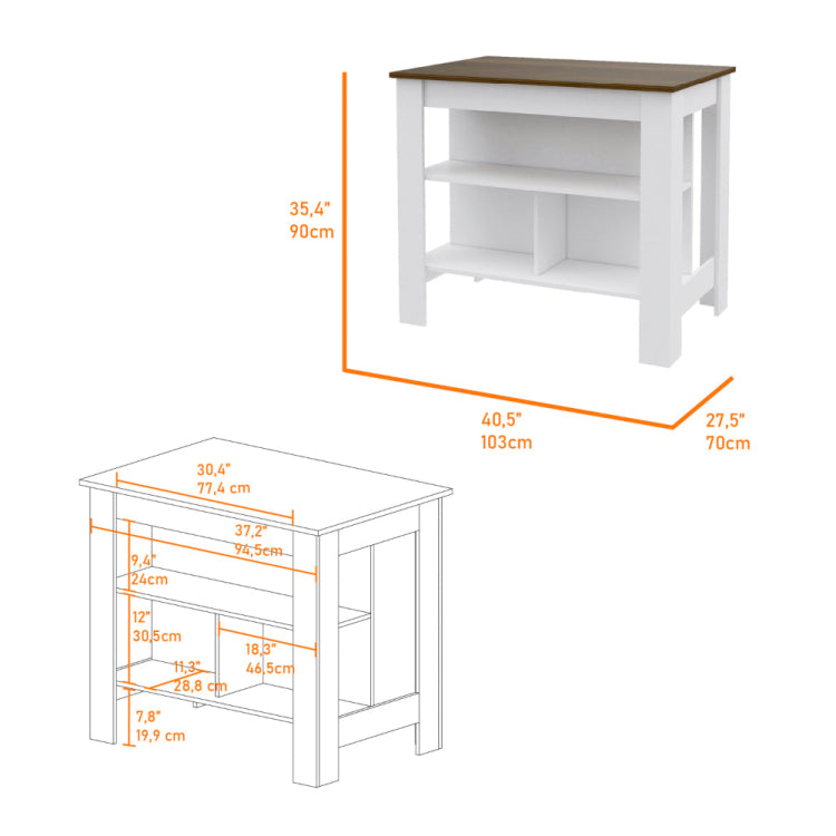 Briargate 2 Piece Kitchen Set, Kitchen Island And Wall Cabinet, White And Walnut
