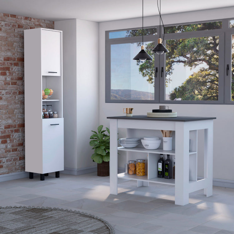 Marston 2 Piece Kitchen Set, Kitchen Island And Pantry Cabinet, White And Onyx