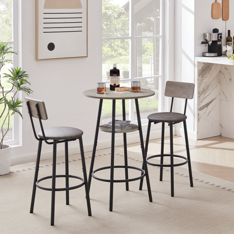 Round Bar Stool Set With Shelf, Upholstered Stool With Backrest Grey, 23.62'' W X 23.62'' D X 35.43'' H
