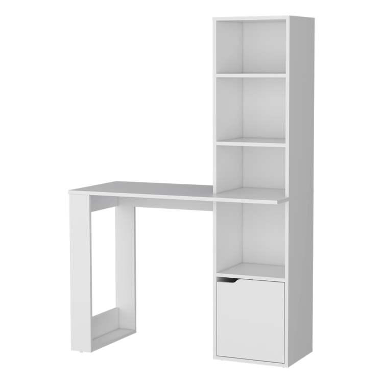 White Computer Desk With 4 Tier Bookcase And 1 Door Cabinet