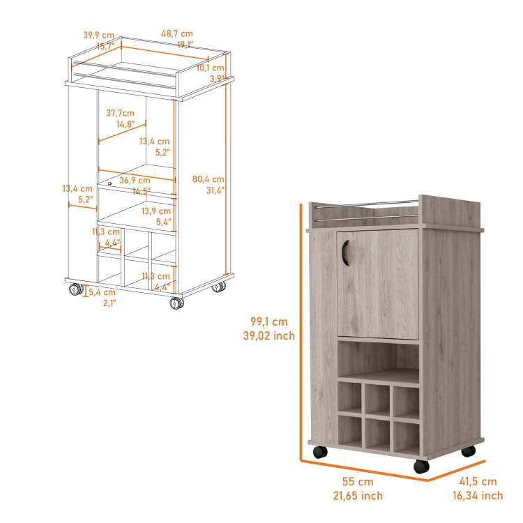 Allandale 1 Door Bar Cart With Wine Rack And Casters Light Gray