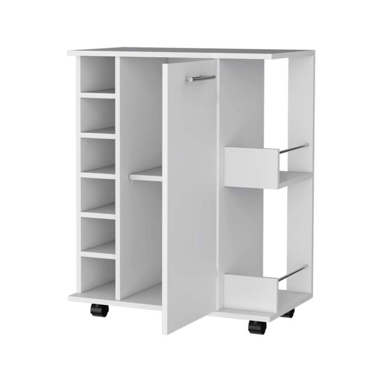 Woodland Bar Cart With Casters, Wine Rack And Open Shelf White