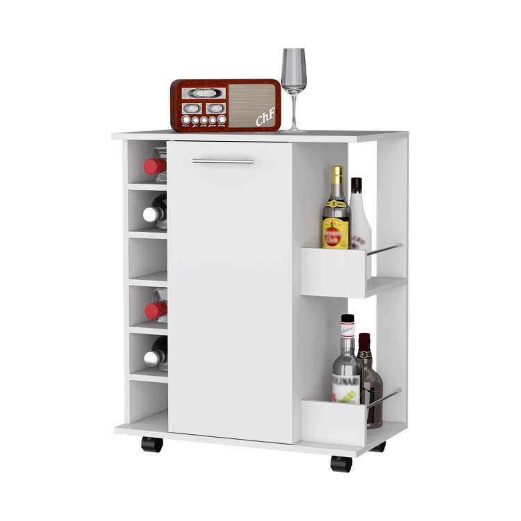 Woodland Bar Cart With Casters, Wine Rack And Open Shelf White