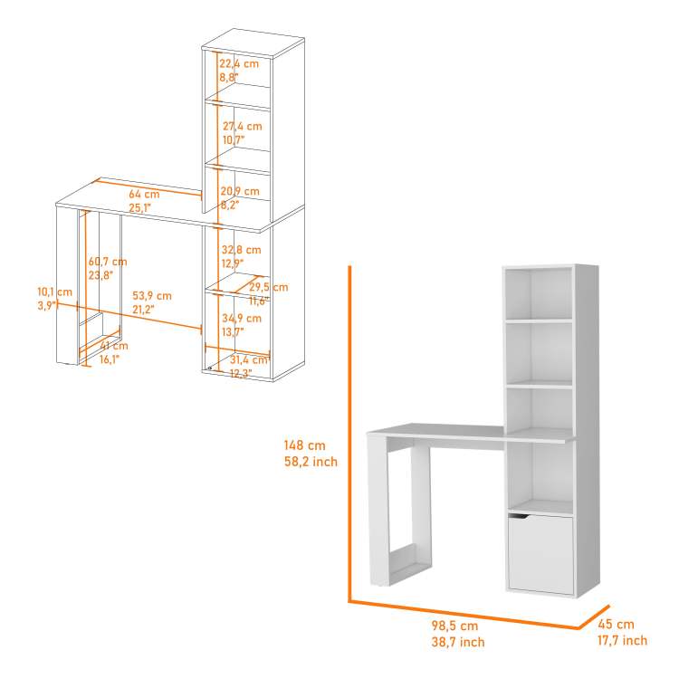 White Computer Desk With 4 Tier Bookcase And 1 Door Cabinet