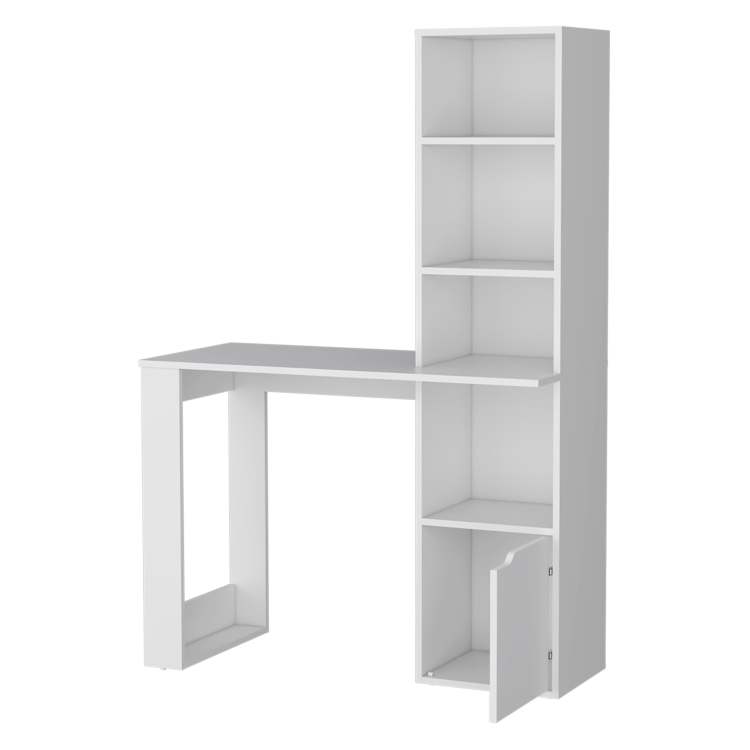 White Computer Desk With 4 Tier Bookcase And 1 Door Cabinet