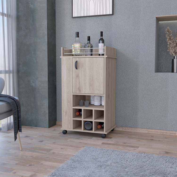 Allandale 1 Door Bar Cart With Wine Rack And Casters Light Gray