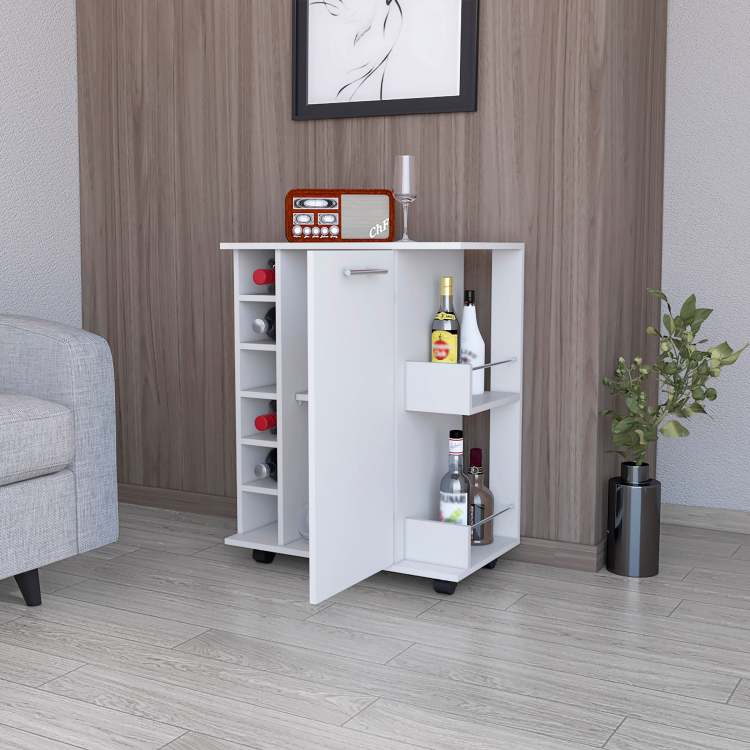 Woodland Bar Cart With Casters, Wine Rack And Open Shelf White