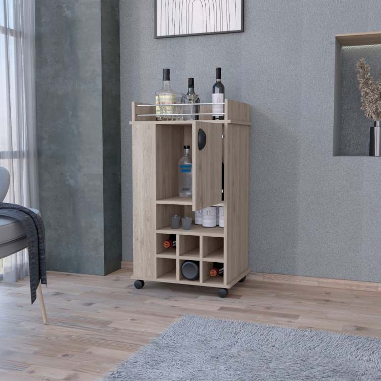 Allandale 1 Door Bar Cart With Wine Rack And Casters Light Gray