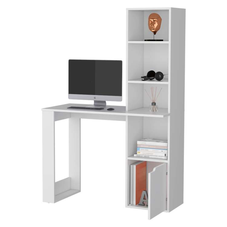 White Computer Desk With 4 Tier Bookcase And 1 Door Cabinet