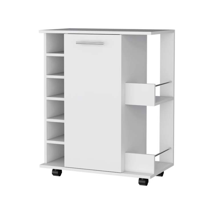 Woodland Bar Cart With Casters, Wine Rack And Open Shelf White