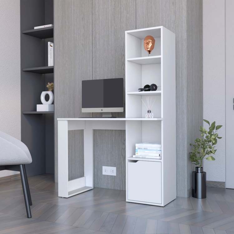 White Computer Desk With 4 Tier Bookcase And 1 Door Cabinet