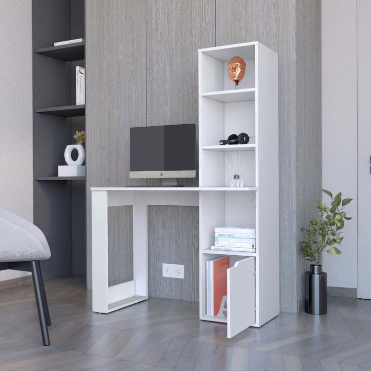 White Computer Desk With 4 Tier Bookcase And 1 Door Cabinet