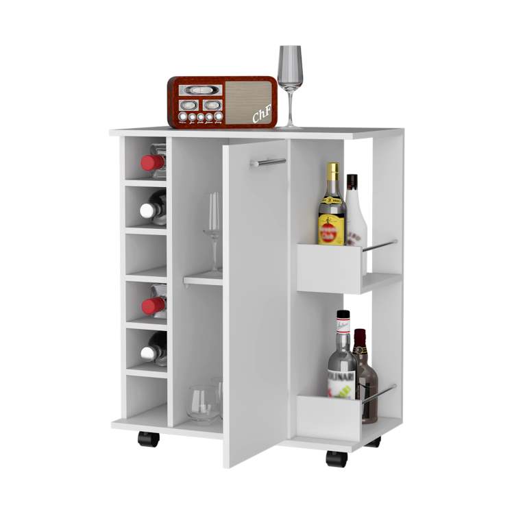 Woodland Bar Cart With Casters, Wine Rack And Open Shelf White