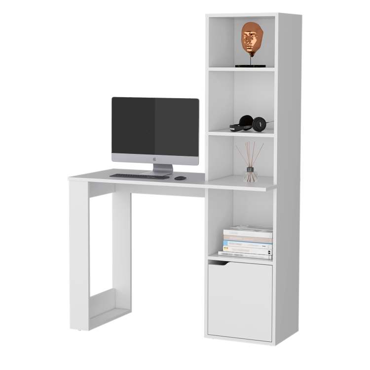 White Computer Desk With 4 Tier Bookcase And 1 Door Cabinet