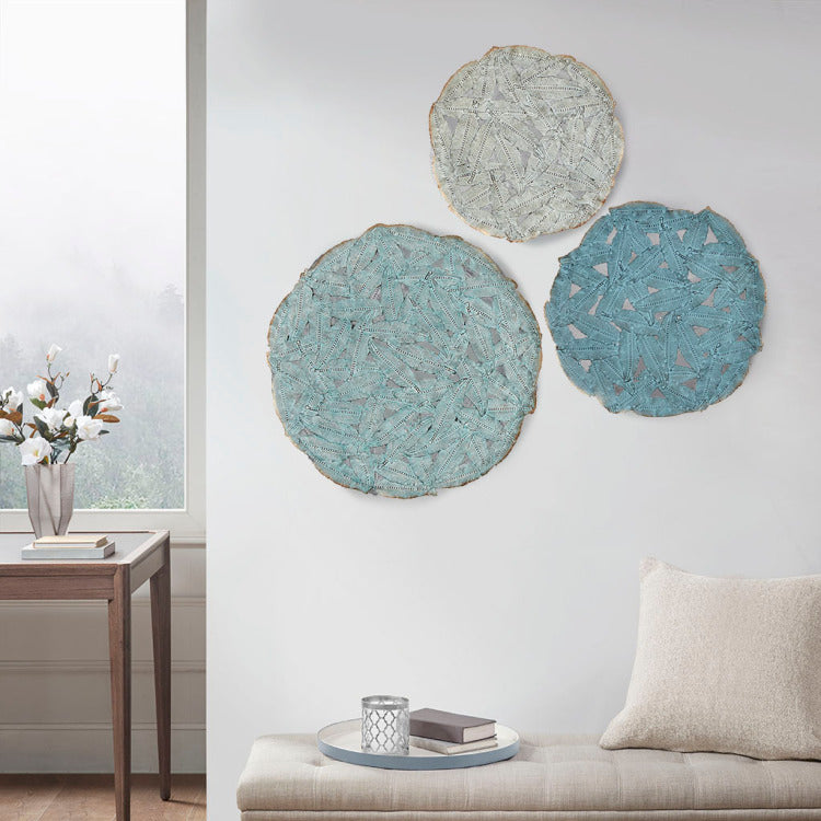 Textured Feather 3 Piece Metal Disc Wall Decor Set