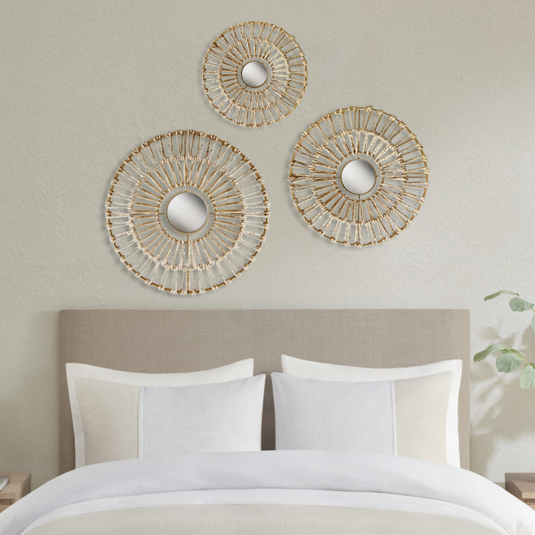 Round Natural Fiber And Mirror 3 Piece Wall Decor Set