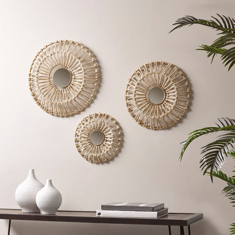 Round Natural Fiber And Mirror 3 Piece Wall Decor Set