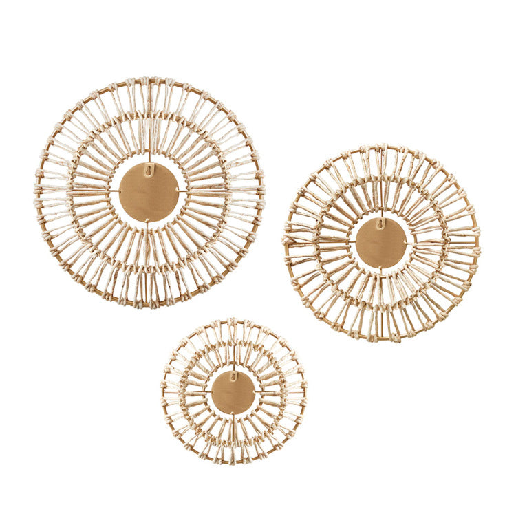 Round Natural Fiber And Mirror 3 Piece Wall Decor Set