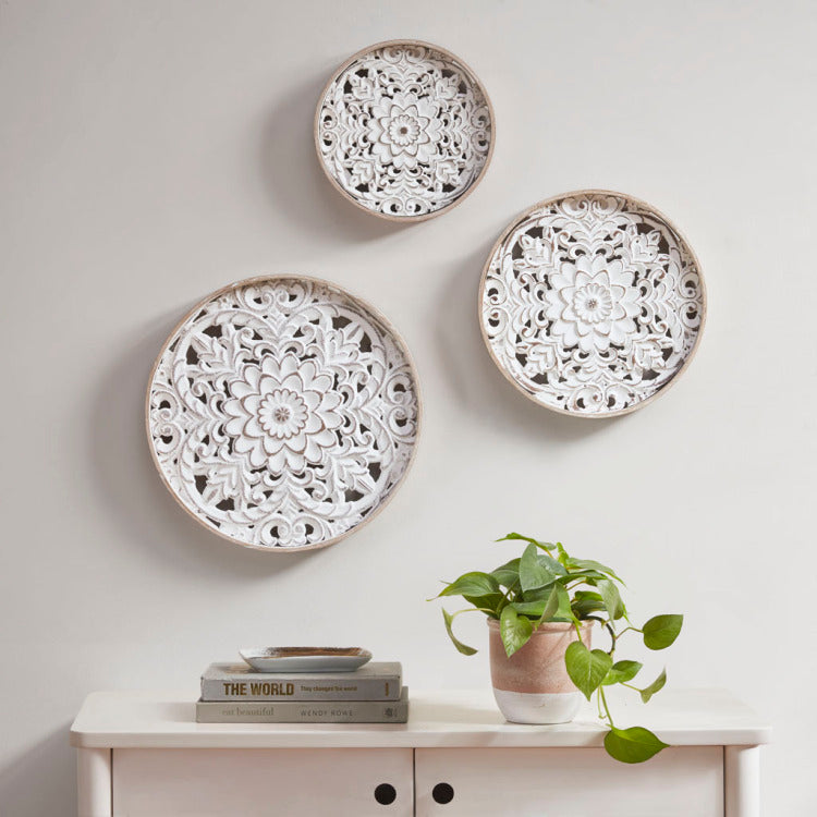 Distressed White Floral 3 Piece Carved Wood Wall Decor Set