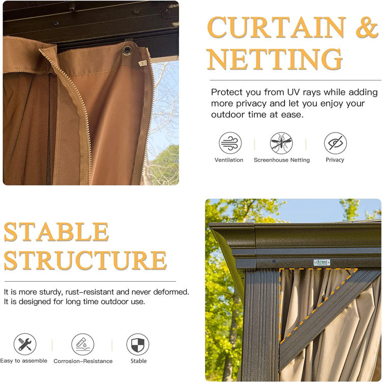 12'X20' Hardtop Gazebo, Outdoor Aluminum Frame Canopy With Galvanized Steel Double Roof, Outdoor Permanent Metal Pavilion With Curtains And Netting For Patio,Backyard And Lawn Brown