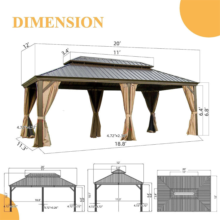 12'X20' Hardtop Gazebo, Outdoor Aluminum Frame Canopy With Galvanized Steel Double Roof, Outdoor Permanent Metal Pavilion With Curtains And Netting For Patio,Backyard And Lawn Brown