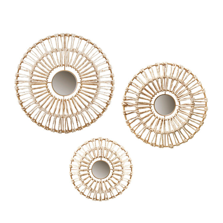 Round Natural Fiber And Mirror 3 Piece Wall Decor Set
