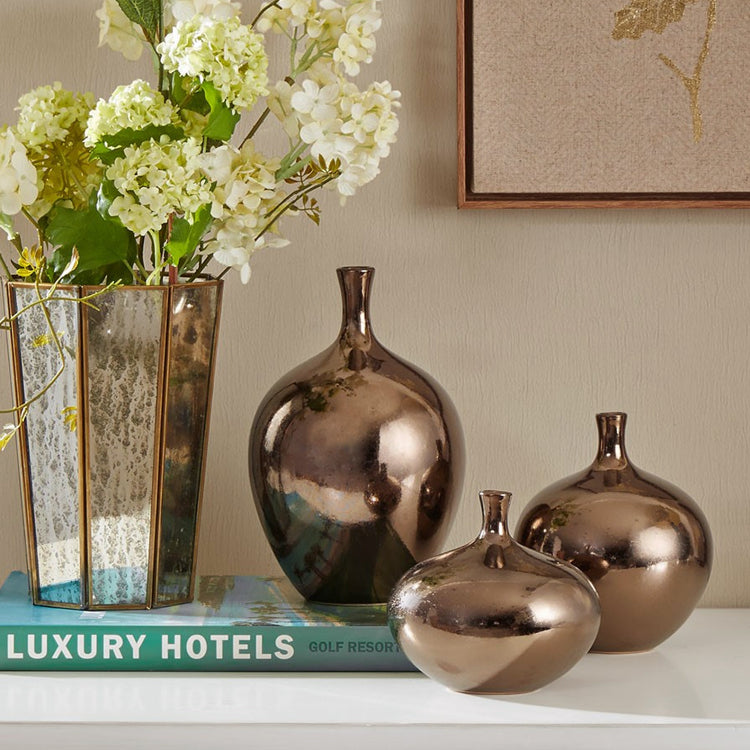 Mirrored Ceramic Decorative Vases 3 Piece Set Bronze 3 Piece