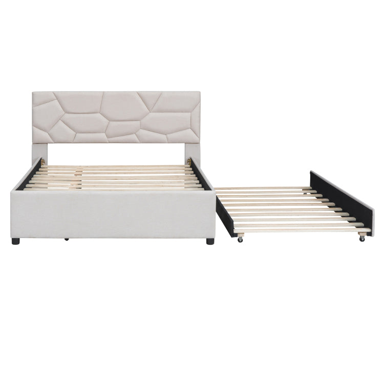 Full Size Upholstered Platform Bed With Brick Pattern Headboard And Twin Size Trundle, Linen Fabric, Beige