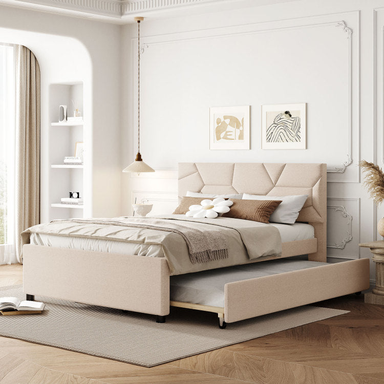 Full Size Upholstered Platform Bed With Brick Pattern Headboard And Twin Size Trundle, Linen Fabric, Beige
