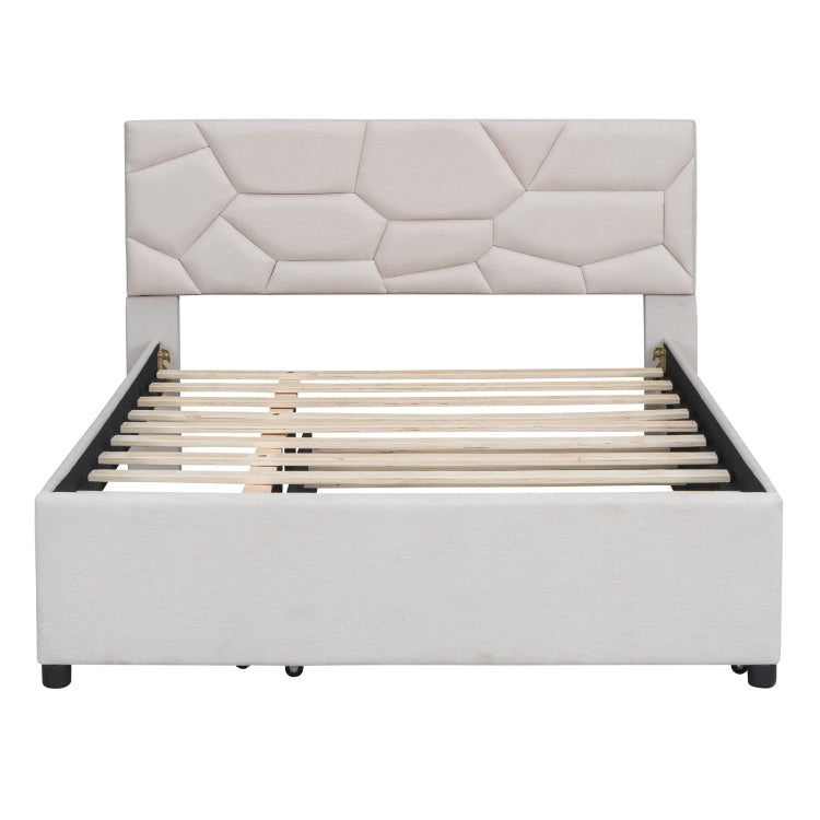 Full Size Upholstered Platform Bed With Brick Pattern Headboard And Twin Size Trundle, Linen Fabric, Beige