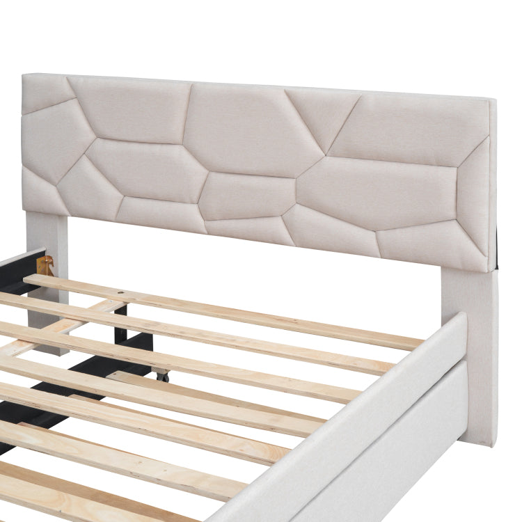 Full Size Upholstered Platform Bed With Brick Pattern Headboard And Twin Size Trundle, Linen Fabric, Beige